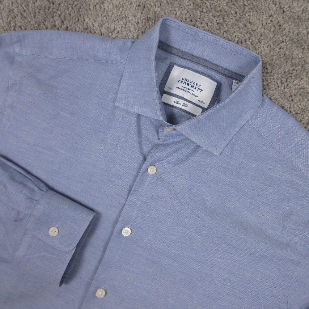 Charles Tyrwhitt Shirt Mens XL 17 35 Blue Herringbone Slim Fit Dress Button Up